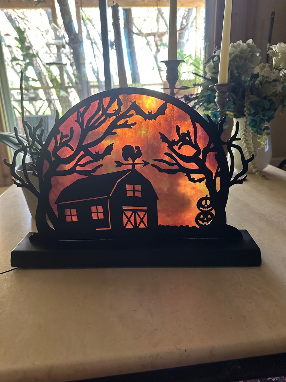 Halloween Barn Silhouette LED Light with Orange Backdrop